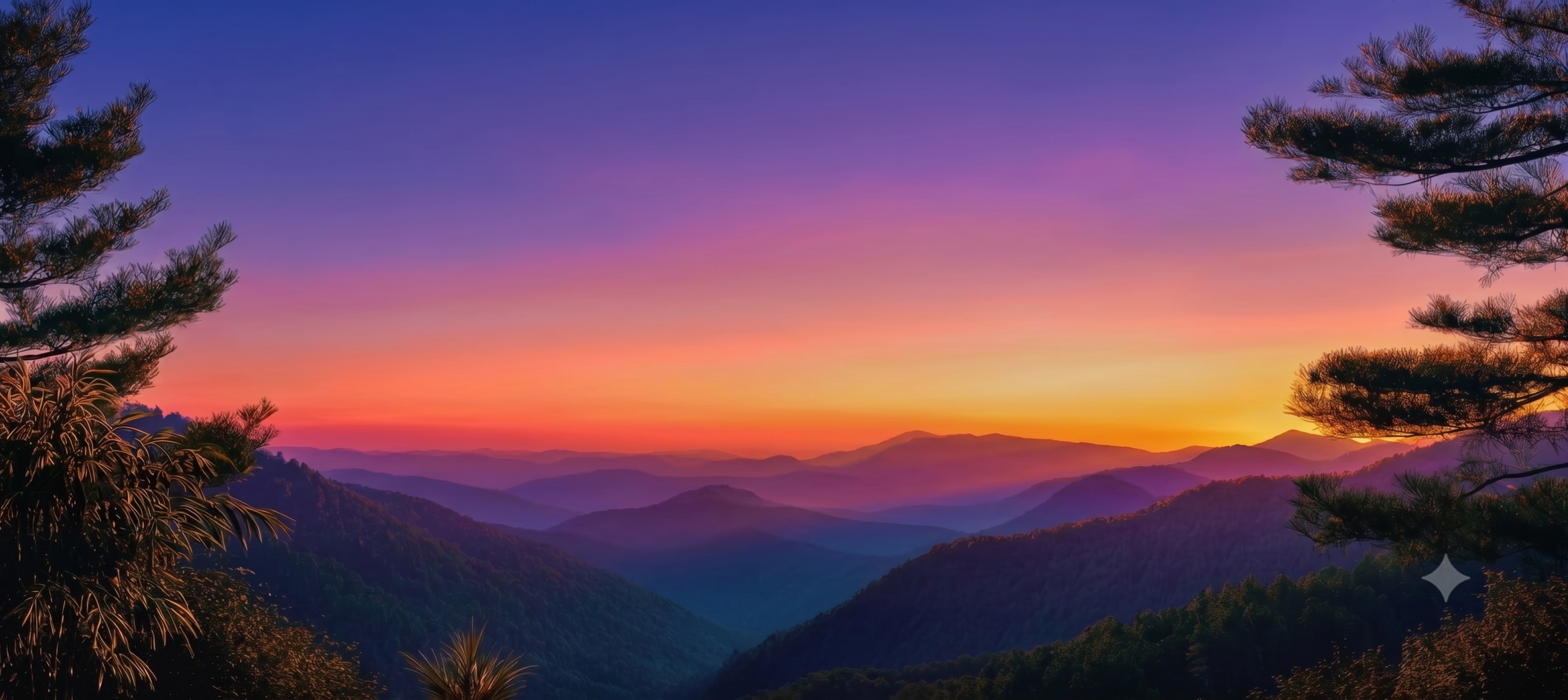 Atardecer púrpura y naranja sobre una cordillera, enmarcado por ramas de pino